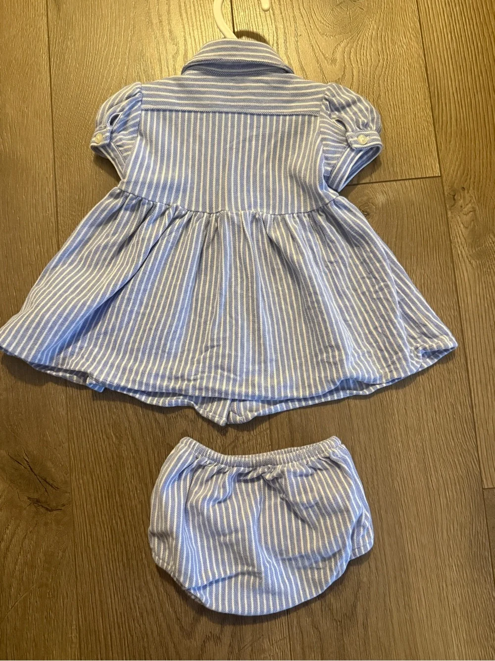 Ralph Lauren Blue and White Striped Cotton Baby Dress with Bloomers